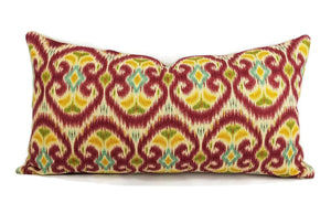 12" x 23" Burgundy, Tan, Yellow, Green, and Blue Ikat Lumbar Pillow Cover