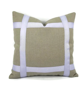 Gray Linen with Lavender Ribbon Embellished Pillow Cover - 18.5" x 18.5" Accent Cushion Cover