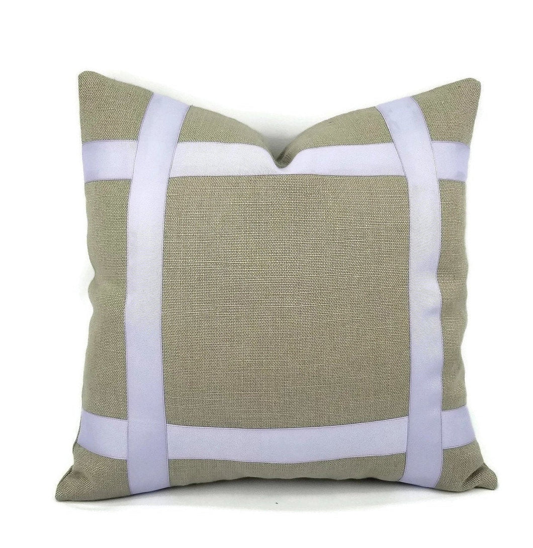 Gray Linen with Lavender Ribbon Embellished Pillow Cover - 18.5