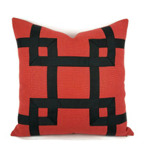 Load image into Gallery viewer, Dark Rust Red Linen with Black Ribbon Embellishment Pillow Cover
