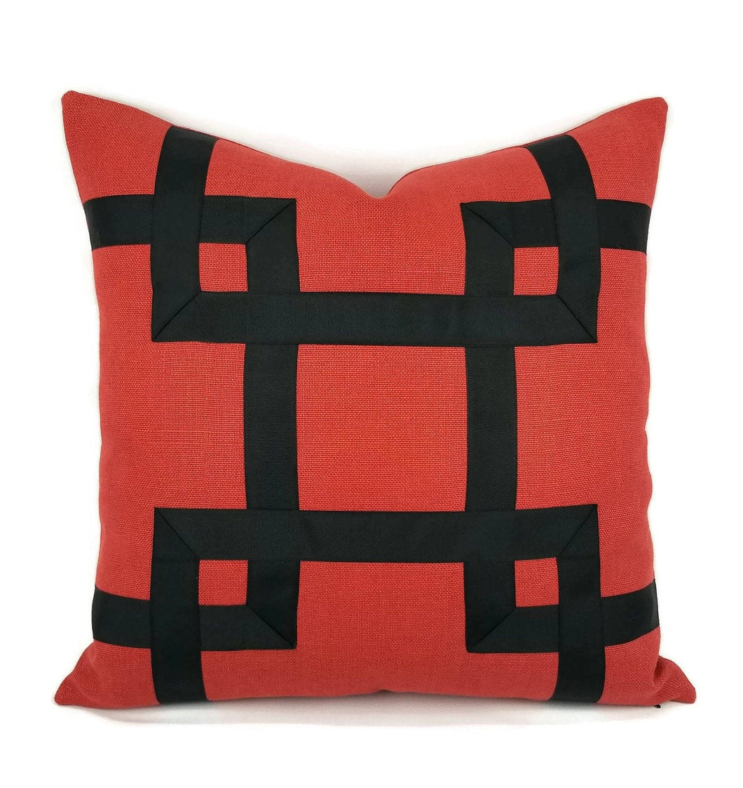 Dark Rust Red Linen with Black Ribbon Embellishment Pillow Cover