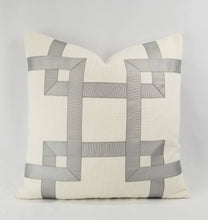 Load image into Gallery viewer, Ivory Texture Fabric with Silver Gray Fretwork Ribbon Pillow Cover
