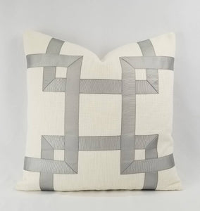 Ivory Texture Fabric with Silver Gray Fretwork Ribbon Pillow Cover