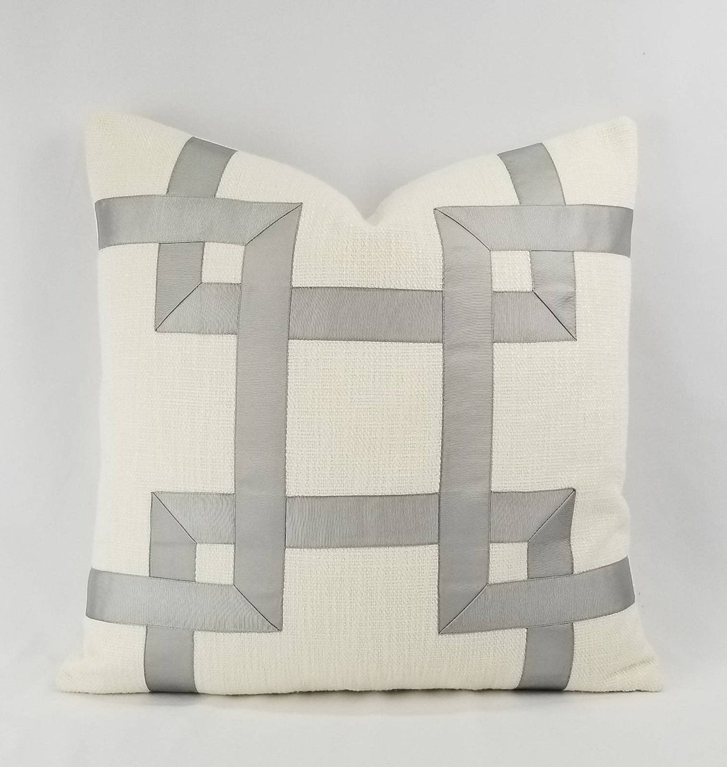 Ivory Texture Fabric with Silver Gray Fretwork Ribbon Pillow Cover