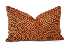 Load image into Gallery viewer, 12&quot; x 20&quot; Kravet Smart Gold and Red Fretwork Lumbar Pillow Cover
