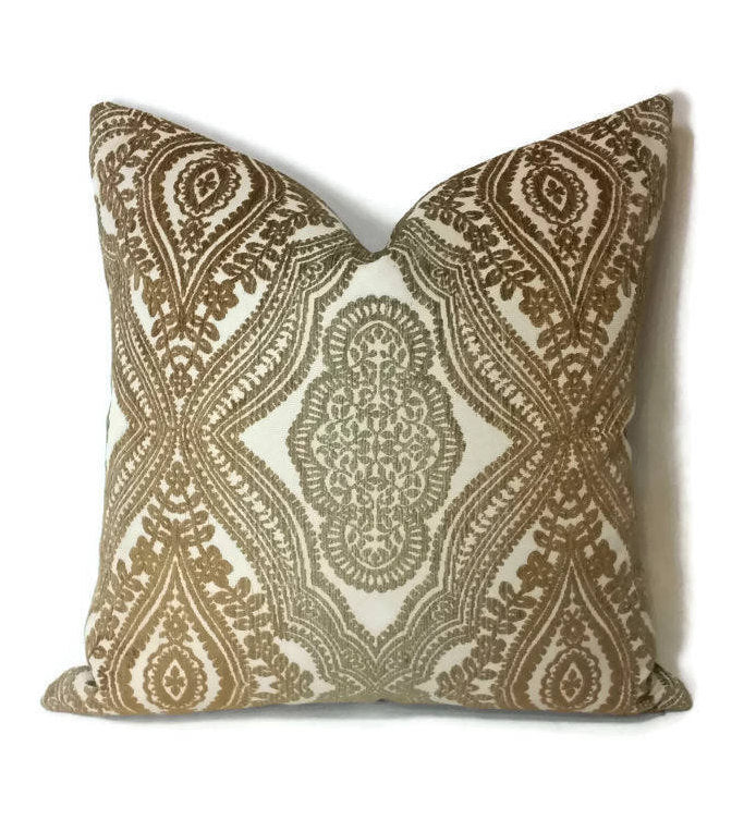 Golden Tan Damask Raised Chenille Pillow Cover