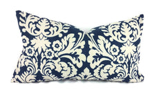 Load image into Gallery viewer, 12&quot;x 22&quot; Navy and Ivory Damask Lumbar Pillow Cover
