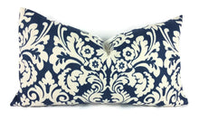 Load image into Gallery viewer, 12&quot; x 22&quot; Navy and Ivory Damask Lumbar Pillow Cover
