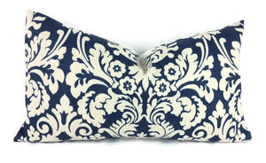 12" x 22" Navy and Ivory Damask Lumbar Pillow Cover