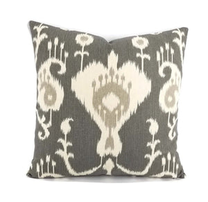 Dark Gray and Cream Ikat Print Cotton Pillow Cover - 20" x 20"