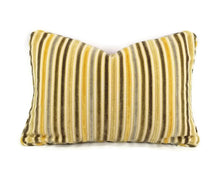 Load image into Gallery viewer, 14&quot;x 20&quot; Gold, Yellow, Tan, Gray, Cream, and Brown Cut Velvet Striped Lumbar Pillow Cover with Self-Welt
