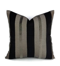 Load image into Gallery viewer, Black Velvet and Bronze Stripe Pillow Cover
