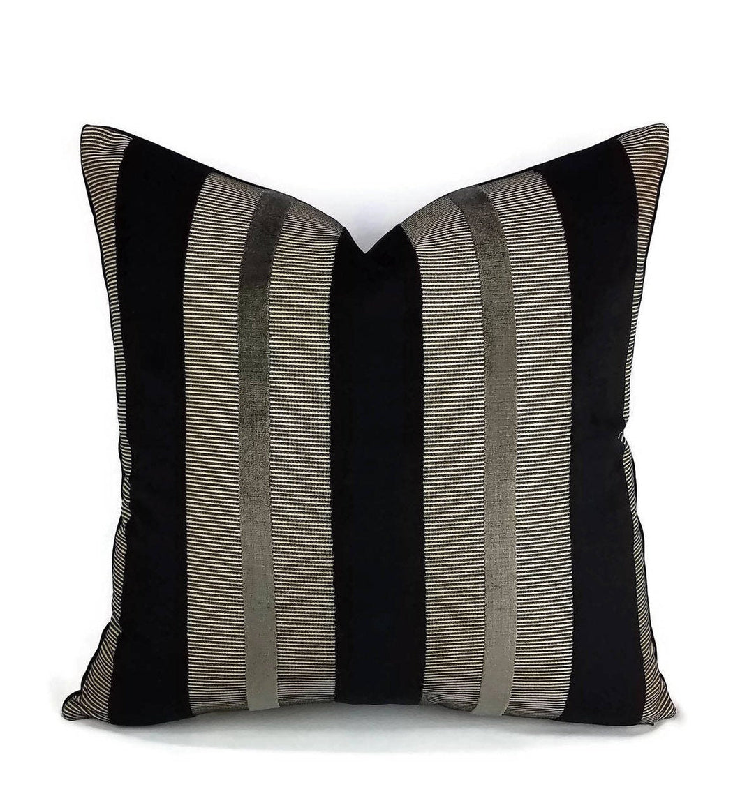 Black Velvet and Bronze Stripe Pillow Cover