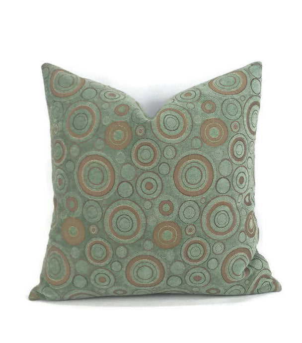 Light Teal Chenille with Brown Circle Pattern Pillow Cover