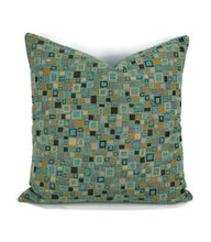 Load image into Gallery viewer, Aqua Blue Chenille with Brown Square Pattern Pillow Cover
