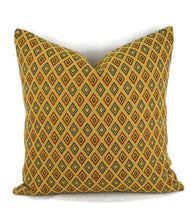 Load image into Gallery viewer, Gold with Blue and Red Diamond Pattern Pillow Cover
