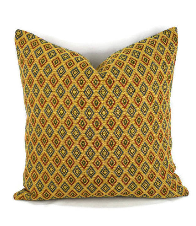 Gold with Blue and Red Diamond Pattern Pillow Cover