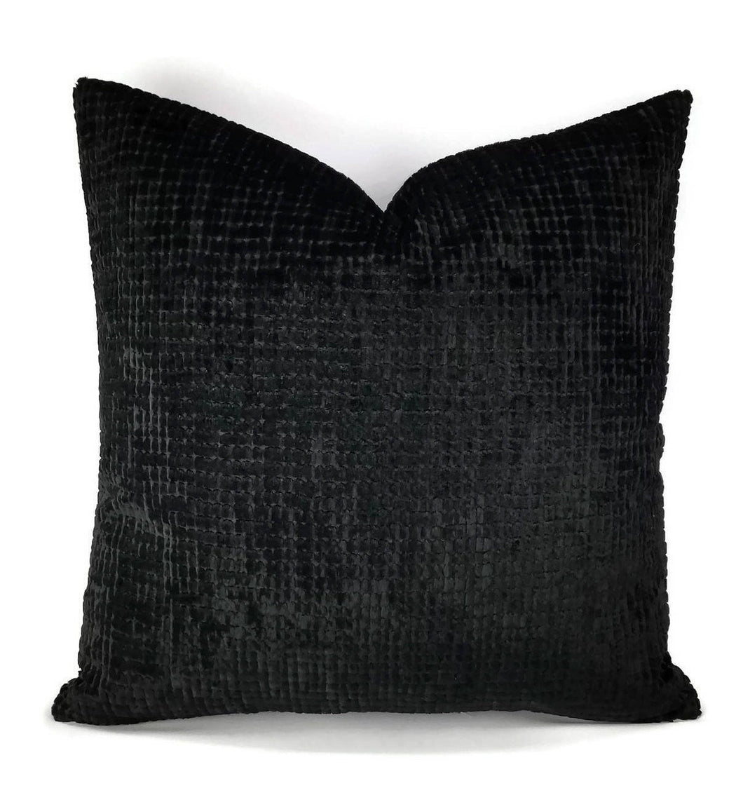 Silky Black Velvet Small Squares Pattern Infused Pillow Cover