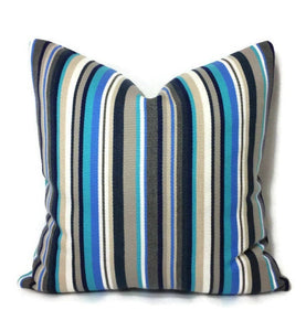 JF Fabrics Cedar - Blue Teal Gray White Stripe Acrylic Pillow Cover