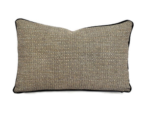 13" x 20" F. Schumacher Mamet in Coal with Black Cording Lumbar Pillow Cover - Charcoal and Tan Fretwork Woven Pattern Cushion Cover