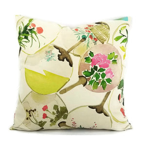 Japaneses Fan Floral Cotton Pillow Cover - 20" x 20" Cream Cushion Case